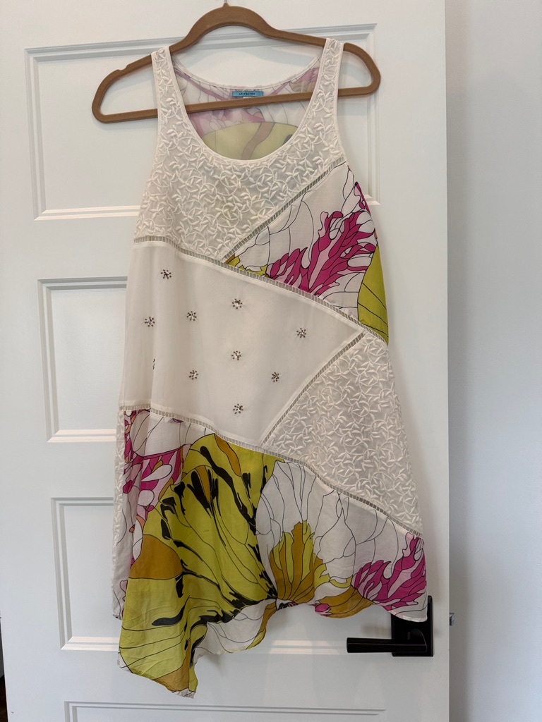 Boho Asymmetrical Tank Dress In White With Pink & Lime Accents